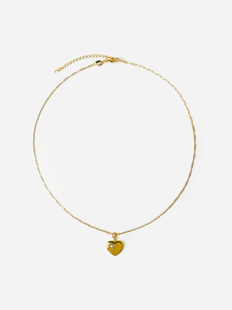 Heart of Gold Necklace. 14-karat gold-plated necklace with a heart pendant and single cubic zirconia stone. Features: Rectangle Link Chain Clasp Closure Heart Pendant with Cubic Zirconia Stone 14k Gold Plated Brass