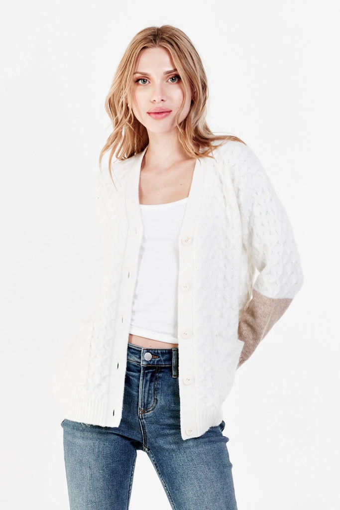 Callie contrast sleeve cardigan sweater in cream on model front view