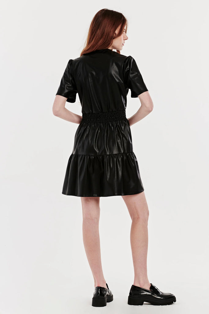 Smock Waist Dress in Black Vegan Leather on model back view
