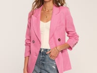Women's Pink Linen Blazer. The Joanie Blazer is perfectly relaxed and made of our easy stretch suiting. Relaxed in fit, it has horn buttons along the front. Throw it on over a simple jeans and tee for a polished look. Fabric Content: 100% Linen