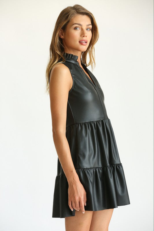 Women's Vegan Leather Sleeveless Ruffle Dress in Black