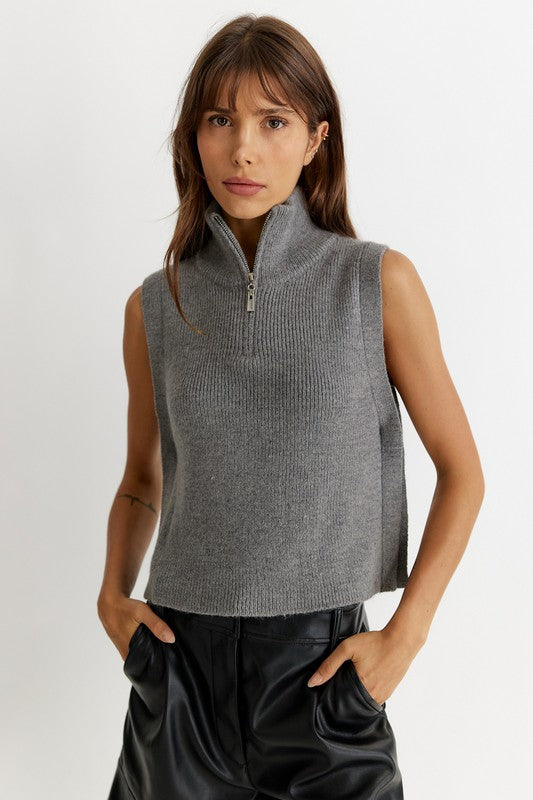 Women's Renn vest in heather grey. The Renn Vest features a high neck with half zip closure, that opens to a feature collar. With a relaxed fit and neutral colorway, this vest offers versatile styling options to wear as a stand-alone piece or layer with a soft long sleeve. Fabric Content:  60% Acrylic, 40% Nylon