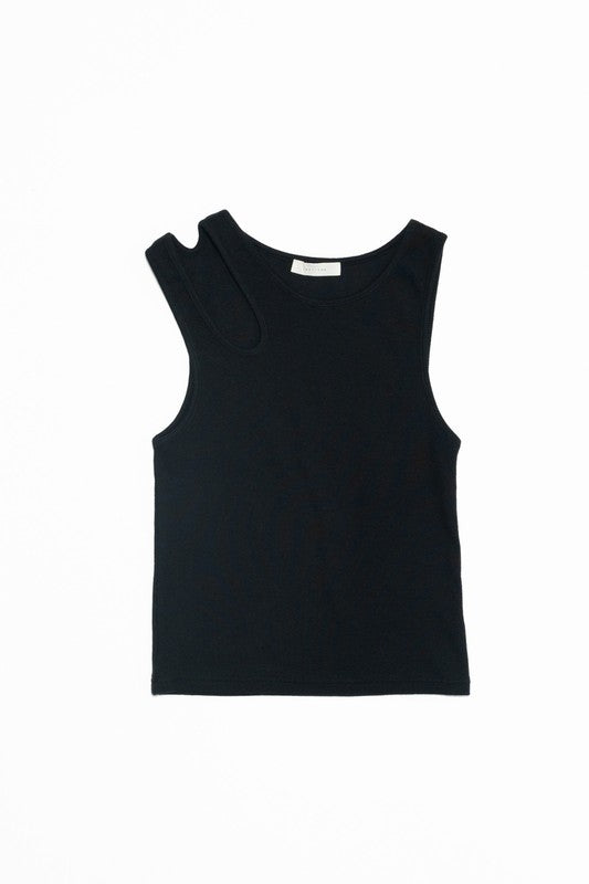 Women's Eiza top in black. This fitted, ribbed knit tank is designed with a front asymmetrical shoulder cutout that creates an edgy flair to your look. It's an alternative choice from your basic tanks to wear with your favorite denim jeans. 97% Cotton, 3% Spandex