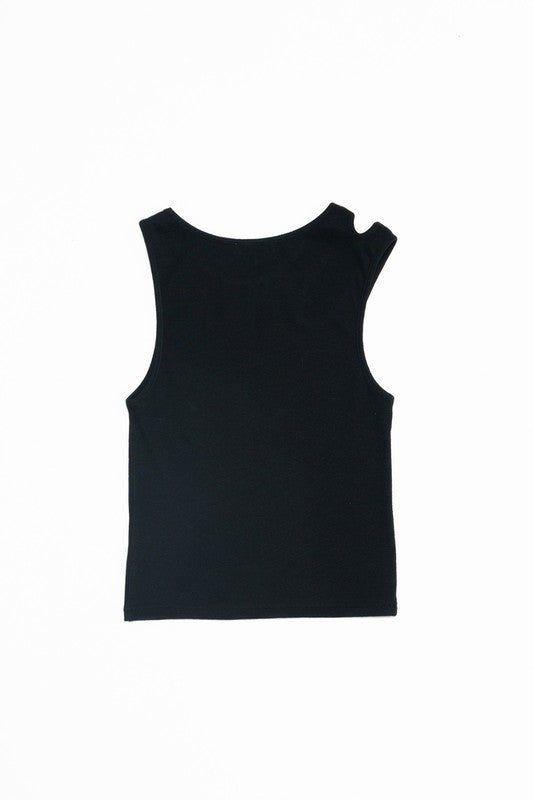 Women's Eiza top in black. This fitted, ribbed knit tank is designed with a front asymmetrical shoulder cutout that creates an edgy flair to your look. It's an alternative choice from your basic tanks to wear with your favorite denim jeans. 97% Cotton, 3% Spandex