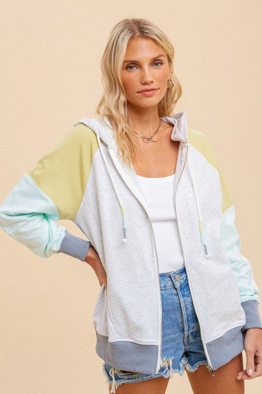 Women's COLOR BLOCK FRENCH TERRY ZIP UP HOODIE JACKET in Light Grey, Lime, Mint. -ZIPPER FRONT -POCKETS Fabric Content: 100% COTTON
