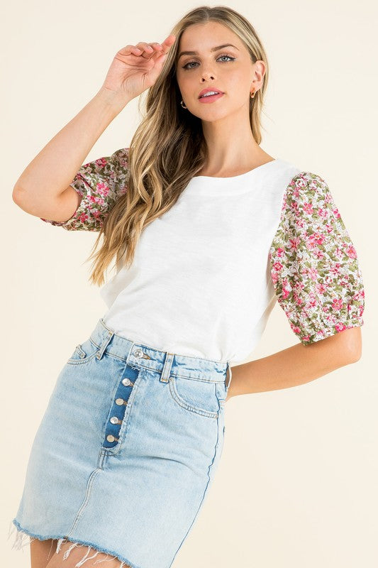 Women's Flower Puff Short Sleeve Top in White. Fabric Content: Knit 100% Cotton