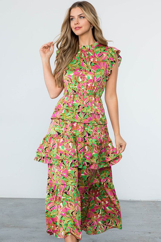 Women's Ruffled Tiered Floral Print Maxi Dress with green base color. Fabric Content: 100% Polyester