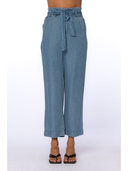 Amandine Pant in blue. Wide leg, crop, paper bag waist, soft pant, side pockets, self belt