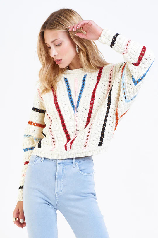Women's Pull Over Sweater. Kiera Pull over sweater in spring sprout color. Crew neck in cable knit weave, long sleeve with eyelet stripe details, banded neck, cuff & waist. Fabric Content: 81% Cotton, 19% Polyester