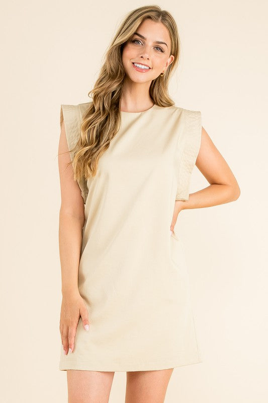 Women's Sleeveless dress in beige. Fabric Content: 80% Polyester, 16% Rayon, 4% Spandex