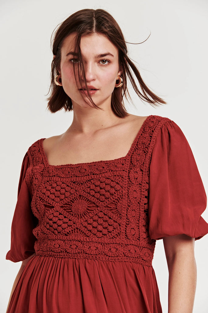 Beth Embroidery Top Maxi Dress with smocked back and puff sleeves in hibiscus color