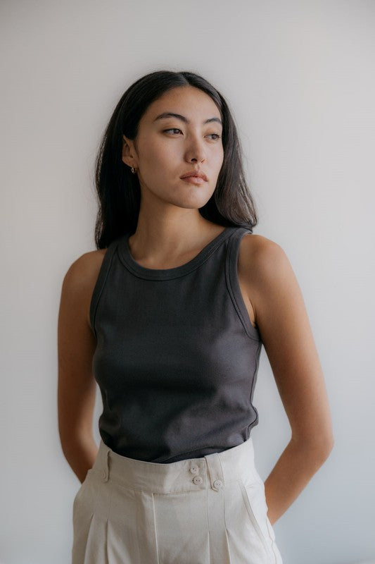 Women's Tank Top. The Ivette top in charcoal. Keep cool in The Ivette Top, the perfect mid-weight tank for everyday wear. With its ribbed fabric, this tank will hug you in all of the right places. 95% Cotton, 5% Spandex