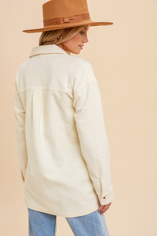 Women's Shacket in vanilla cream color. SOFT BRUSHED EASY EVERYDAY WEAR BUTTON DOWN SHACKET Fabric Content: 85% COTTON 15% POLYESTER CONTRAST:64% COTTON 30% POLYESTER 6% SPANDEX