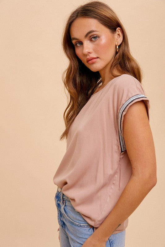 Women's Tee. TRIM DETAILED TWILL EASY TEE IN TAUPE COLOR. Fabric Content: 100% Rayon