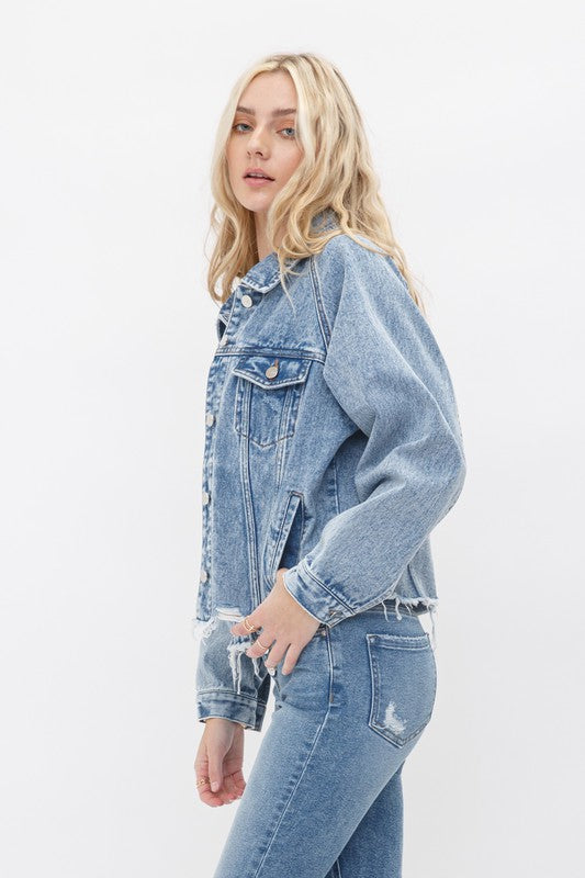 Raglan Oversize Jacket. This denim jacket has a boxy, relaxed look we can't get enough of. This jacket makes for easy layering in a relaxed fit we love. This oversized jacket features distressed hemline details & patch pocket for a lived-in look. Fabric Content: 100% Cotton