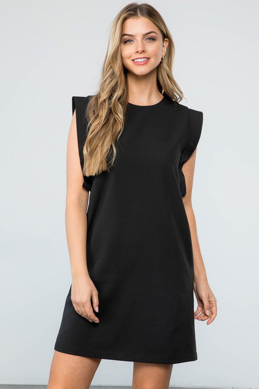 Women's Sleeveless dress in black. Fabric Content: 80% Polyester, 16% Rayon, 4% Spandex 