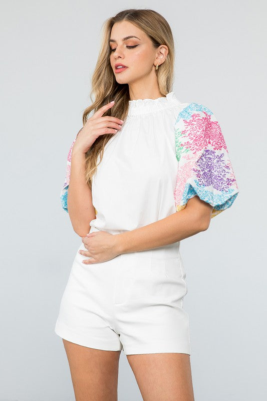 Women's Poplin intricate embroidered Balloon Short Sleeve top in white. Fabric Content: 100% Polyester