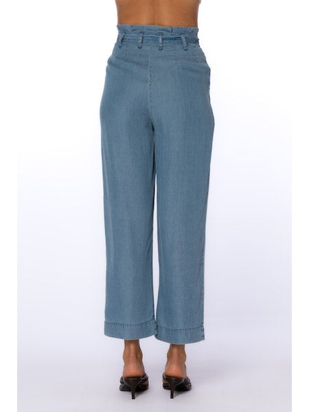Amandine Pant in blue. Wide leg, crop, paper bag waist, soft pant, side pockets, self belt