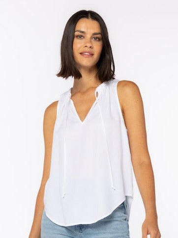 Becks Tank Top in Optic White. Sleeveless, pop over top, keyhole neck with drawstring ties