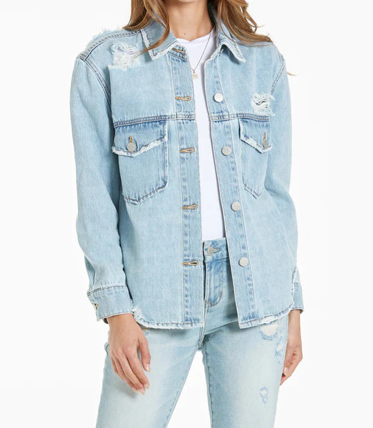 Women's Denim Shirt. Kenny denim shirt jacket in west palm color. Designer random tears & destructions & grindings, button front, long sleeve jacket finished with front flap pockets, cuffs, curved hem. Fabric Content: 100% Cotton