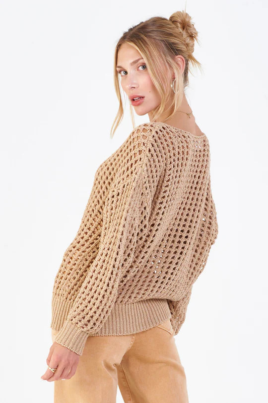 Women's Mesh Sweater. Wanda Mesh eyelet sweater in beach sand color. long sleeve boat neck finished with self ribbed cuff & waistband. Fabric Content: 73% ACRYLIC 17% NYLON 10%