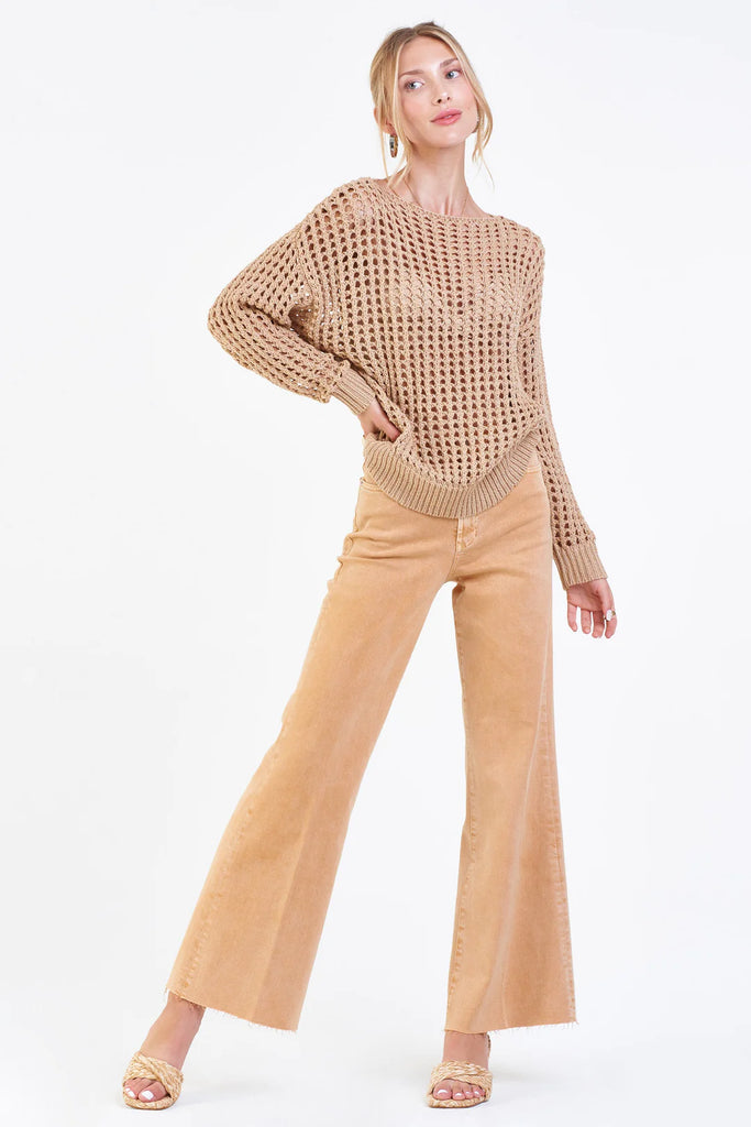 Women's Mesh Sweater. Wanda Mesh eyelet sweater in beach sand color.  long sleeve boat neck finished with self ribbed cuff & waistband. Fabric Content: 73% ACRYLIC 17% NYLON 10%