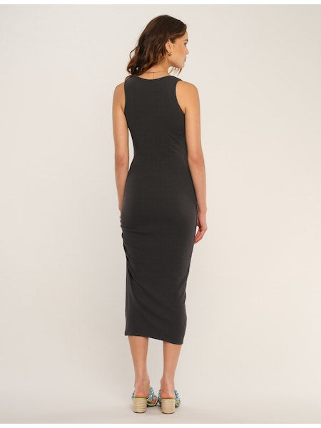 Women's Dress. Perla dress in black. Our Perla Dress is a warm weather classic. Made of our ultra-soft ribbed knit, it contours and molds to the body perfectly while showing a bit of skin thanks to its scoop neckline and side slit. Fabric Content: 60% Cotton, 32% Rayon, 8% Spandex