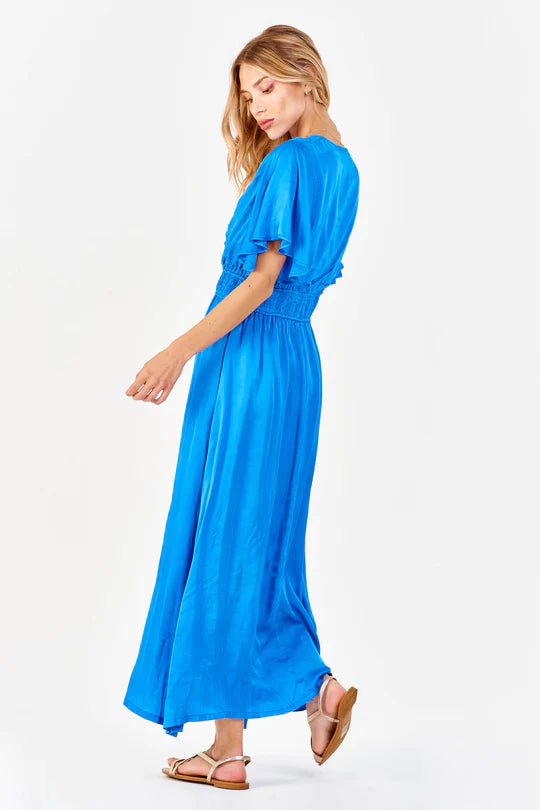 Women's Smocked waist silky midi dress in cobalt color