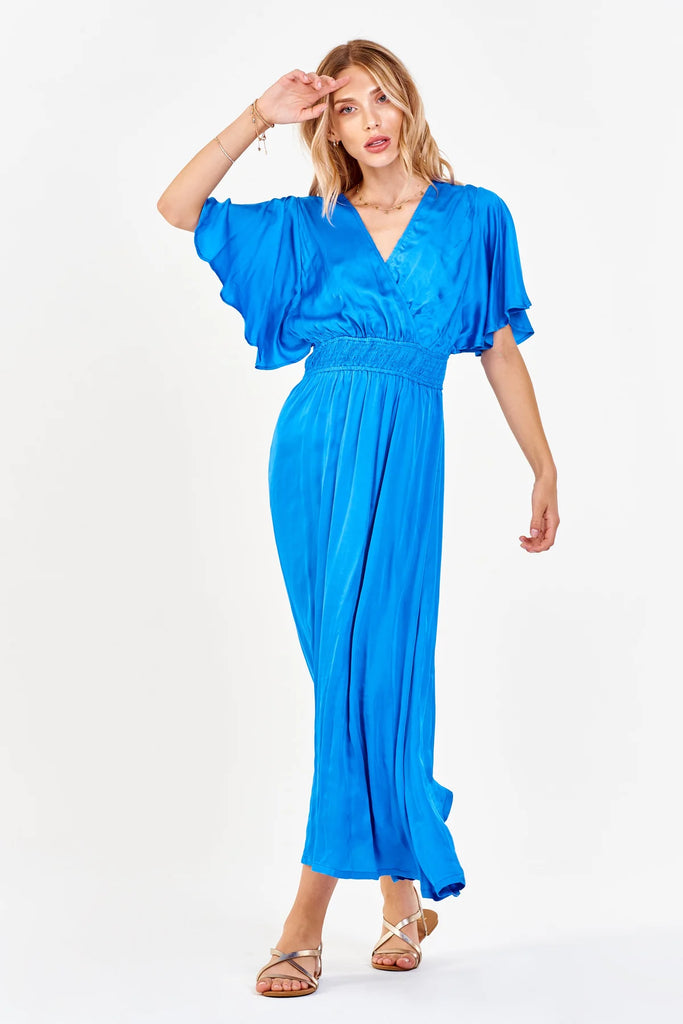 Women's Smocked waist silky midi dress in cobalt color