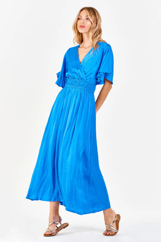 Women's Smocked waist silky midi dress in cobalt color