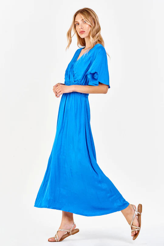 Women's Smocked waist silky midi dress in cobalt color