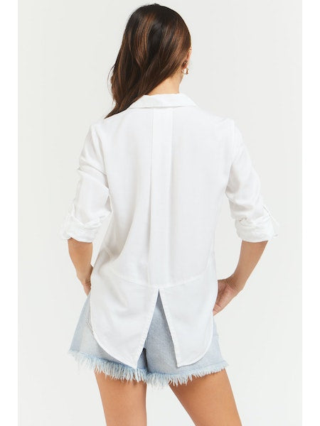 Women's Riley button down shirt in white. Rolled tab sleeve button down collared shirt, double chest pockets, split back tail.