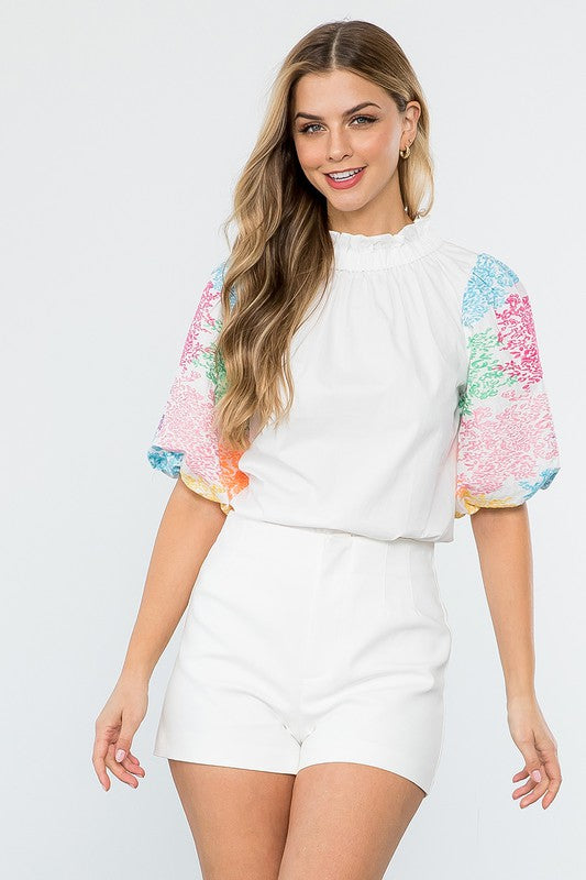 Women's Poplin intricate embroidered Balloon Short Sleeve top in white. Fabric Content: 100% Polyester