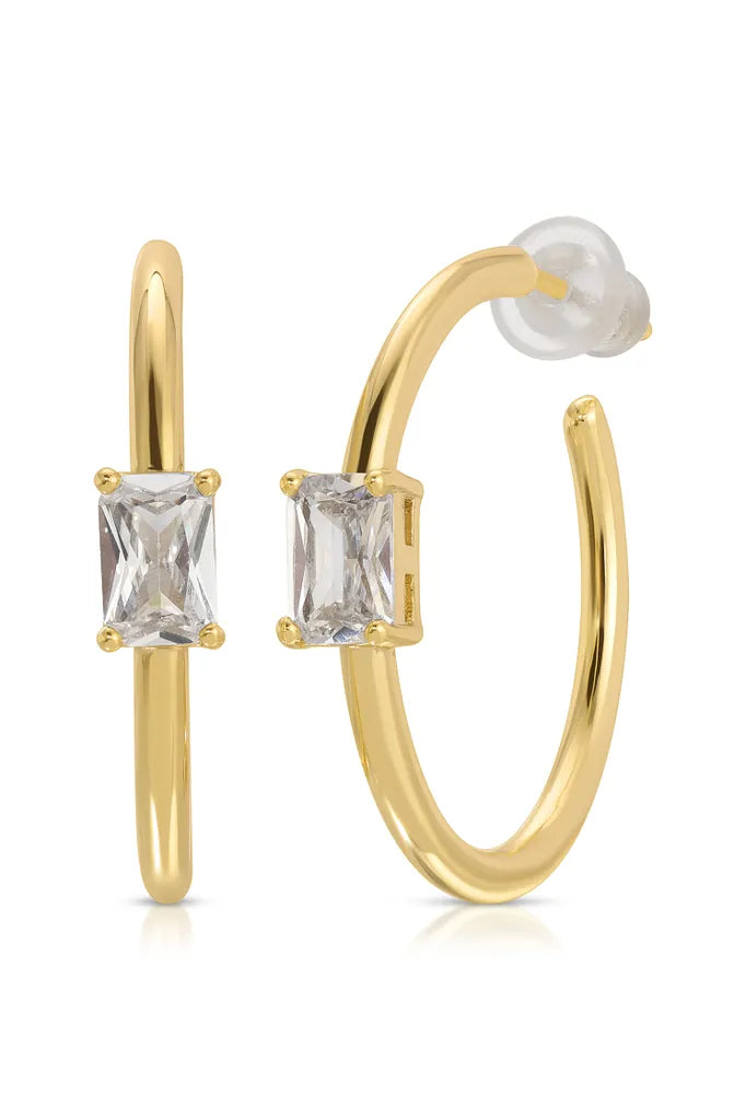 Gold Hoop Earrings. Big Energy Classic Hoop. We love these elegant hoops! These beauty's feel like fine jewelry and are sure to go with everything! 14k Gold over Brass Cubic Zirconia  Size: 22 mm