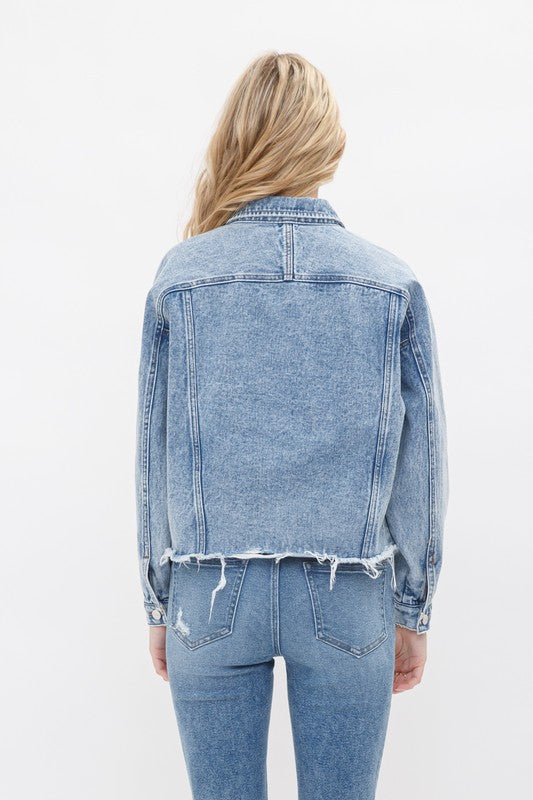 Raglan Oversize Jacket. This denim jacket has a boxy, relaxed look we can't get enough of. This jacket makes for easy layering in a relaxed fit we love. This oversized jacket features distressed hemline details & patch pocket for a lived-in look. Fabric Content: 100% Cotton