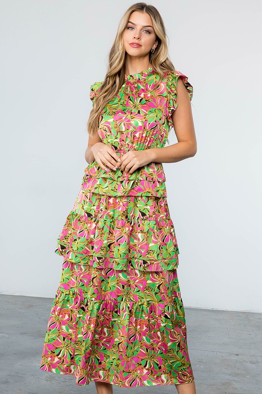 Women's Ruffled Tiered Floral Print Maxi Dress with green base color. Fabric Content: 100% Polyeste