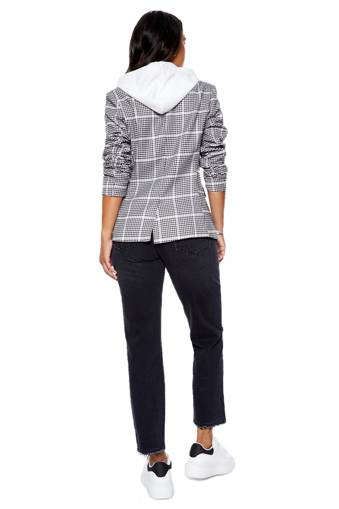 Women's Hooded Blazer. Hooded Helen Blazer in Houndstooth and White. - Removable Denim insert - Fitted - Double collared neck - Long sleeves - Denim Button front & Blazer snap button - Front pockets. Fabric Content: - Shell: 84% cotton 16% viscose, trim fabric: 100% cotton, lining: 100% polyester